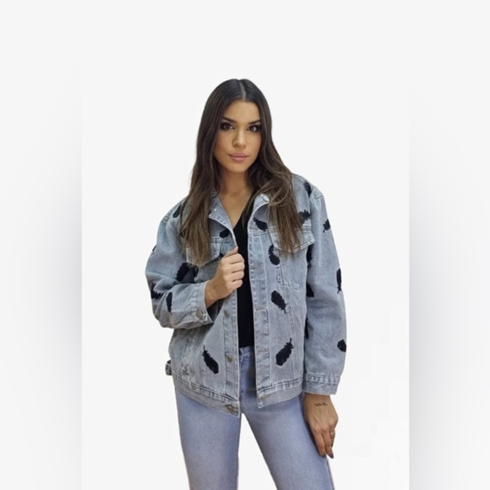 Women's Denim Jacket with Black Accents Embroidered Feather Cowgirl